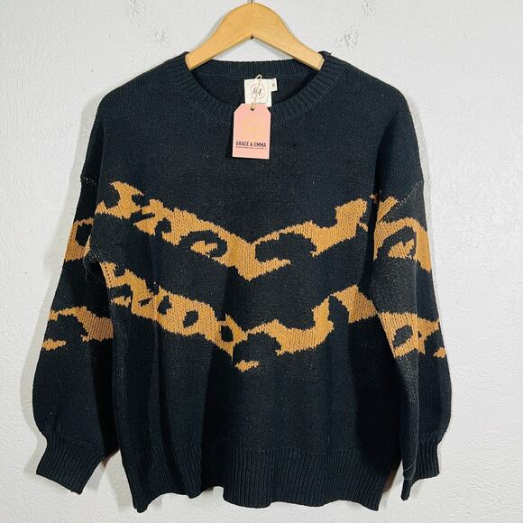 Grace & Emma Crewneck Sweater Knit Casual Long Sleeve Black Tan - M - Picture 6 of 6